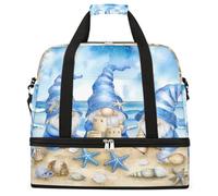 Entemne Grande borsa da viaggio per donne uomini acquerello spiaggia gnomi blu mare pieghevole borsone borsone con scomparto per scarpe leggero bagaglio a mano tote pernottamento weekend borsone
