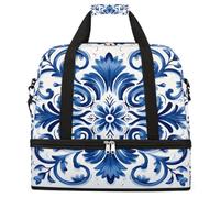 Entemne Grande borsa da viaggio per donne uomini vintage blu piastrelle marocco floreale pieghevole borsone borsone con scomparto per scarpe leggero bagaglio a mano tote pernottamento weekend borsone