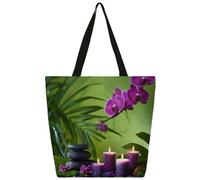 Entemne Grande borsa tote da donna in tela giapponese zen viola candela orchidea fiori borsa per la spesa con tasca con cerniera riutilizzabile ecologica borsa a tracolla per lavoro, viaggi, uso