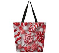 Entemne Grande borsa tote da donna in tela rossa bianca Candy lecca-lecca borsa della spesa con tasca con cerniera riutilizzabile ecologica borsa a tracolla per lavoro, viaggi, uso quotidiano