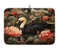 Entemne Grande tappetino scolapiatti 45 x 60 cm con fiori di loto e cigno uccello tappetino per asciugare il bancone della cucina, assorbente, resistente al calore, tappetino scolapiatti per bar
