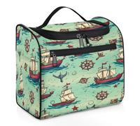 Entemne Grande trousse da viaggio da appendere, con barchette a vela in stile cartone animato, organizer per cosmetici, con tasche, impermeabile, portatile, per donne, ragazze, uomini, regali