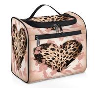 Entemne Grande trousse da viaggio da appendere, con stampa leopardata, cuore e amore, organizer per cosmetici, con tasche, impermeabile, portatile, per donne, ragazze, uomini, regali