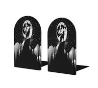 Entemne Howling Wolf Moon - Fermalibri in legno, antiscivolo, a forma di L, con base in metallo, resistenti, per scaffali, ufficio, scuola