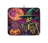 Entemne Piccolo tappetino scolapiatti 40 x 46 cm con scheletro strega zucca ragnatela tappetino per asciugare il bancone della cucina, assorbente, resistente al calore, tappetino scolapiatti per bar