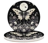 Entemne Set di 2 sottobicchieri gotici con falena, farfalla, luna, floreale, assorbenti, in ceramica, con retro in sughero, protezione per il tavolo, resistenti al calore, antiscivolo, regalo di