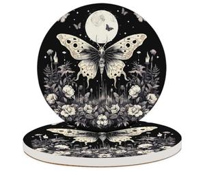 Entemne Set di 2 sottobicchieri gotici con falena, farfalla, luna, floreale, assorbenti, in ceramica, con retro in sughero, protezione per il tavolo, resistenti al calore, antiscivolo, regalo di