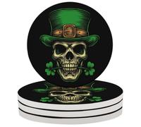 Entemne Set di 4 sottobicchieri con teschio di San Patrizio, cappello da leprechaun, assorbenti, in ceramica, con retro in sughero, protezione del tavolo, resistenti al calore, antiscivolo, idea