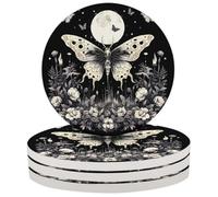 Entemne Set di 4 sottobicchieri gotici con falena, farfalla, luna, floreale, assorbenti, in ceramica, con retro in sughero, protezione per il tavolo, resistenti al calore, antiscivolo, regalo di