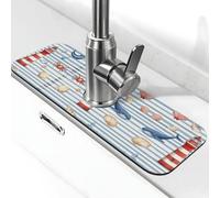 Entemne Tappetino per rubinetto a righe blu con conchiglia, balena, faro, per lavello da cucina, assorbente, paraspruzzi, vassoio raccogli gocce per il bancone del bagno