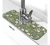 Entemne Tappetino per rubinetto con foglia verde con fiore bianco per lavello da cucina assorbente paraspruzzi protezione antigoccia vassoio rubinetto tappetino di drenaggio per bancone del bagno