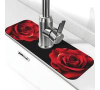 Entemne Tappetino per rubinetto nero con fiore rosa rossa per lavello da cucina assorbente paraspruzzi protezione antigoccia vassoio rubinetto tappetino per rubinetto per bancone del bagno