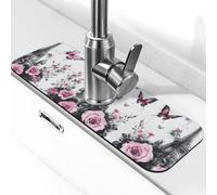 Entemne Torre Eiffel Rosa Fiore Farfalla Rubinetto Tappetino per Lavello da Cucina Assorbente Splash Guard Drip Catcher Vassoio Rubinetto Drenaggio Pad Tap Mat per il bancone del bagno