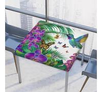 Entemne Tovaglia quadrata con bordo elastico, motivo colibrì e orchidee e foglie di palma, 117 x 117 cm, impermeabile, per interni ed esterni, feste, patio, decorazione