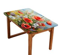 Entemne Tovaglia rettangolare elasticizzata da 1,2 m con papaveri, erbe, prato primaverile, impermeabile, protezione per tavolo da pranzo, giardino, feste, patio, ristorante, tavoli