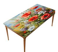 Entemne Tovaglia rettangolare elasticizzata da 1,5 m con papaveri, erbe, prato primaverile, impermeabile, protezione per tavolo da pranzo, giardino, feste, patio, ristorante, tavoli