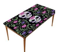 Entemne Tovaglia rettangolare elasticizzata da 1,5 m con teschio di zucchero e fiori del giorno dei morti, impermeabile, protezione per tavolo da pranzo, giardino, feste, patio, ristorante, tavoli