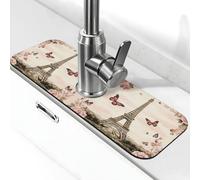 Entemne Vintage Torre Eiffel Rose Flower Faucet Mat per lavello da cucina assorbente paraspruzzi protezione antigoccia vassoio rubinetto scarico tappetino rubinetto per bancone bagno