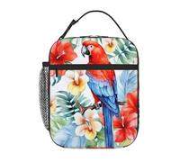 Entemne Watecolor - Borsa termica per il pranzo con fiori tropicali e pappagallo rosso, per bambini, uomini, donne, piccola borsa termica per il pranzo, impermeabile, a prova di perdite, per lavoro