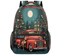 Entemne Zaino per la scuola per bambini per ragazzi e ragazze, con albero di Natale rosso retrò camion, grande zaino per la scuola elementare secondaria, impermeabile, leggero, per adolescenti, viaggi
