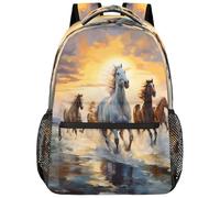 Entemne Zaino per la scuola per bambini per ragazzi e ragazze, con cavalli selvatici che corrono sul mare e sulla spiaggia, zaino grande per la scuola elementare secondaria, impermeabile, leggero, per