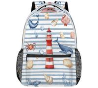 Entemne Zaino per la scuola per bambini per ragazzi e ragazze, motivo a righe blu, con conchiglie, balena, faro, grande, per scuola elementare, secondaria, impermeabile, leggero, per adolescenti