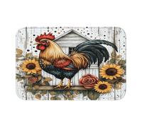 Entemne Zerbino in legno con gallo e girasoli, lavabile, per interni ed esterni, 40 x 60 cm, tappetino di benvenuto per porta d'ingresso, antiscivolo, sottile tappeto da bagno