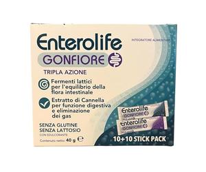 Enterolife Gonfiore Integratore Fermenti Lattici Probiotici con FOS, Cannella ed Enzimi Digestivi DigeZyme® - Tripla Azione per Equilibrio Flora Intestinale, Digestione e Gas - 20 Stick Pack