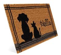 Entrando Zerbino in cocco con cane e gatto e Hello per la porta di casa - interno, esterno, robusto, resistente alle intemperie, antiscivolo, anche come decorazione per porta, regalo di inaugurazione