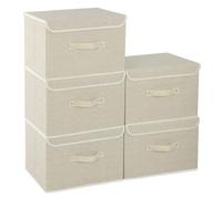 ENUMAIL 5 Pezzi Cubo di Stoccaggio Pieghevoli con Coperchi, Scatole per Armadio Rigide in Tessuto, per Vestiti da Letto a Casa, Ufficio, Scuola, 38×25×25cm, Grigio Beige