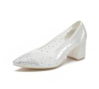 ENWIND Décolleté Donna Scarpe da Corte Punta Chiusa Strass Tacchi A Blocco Scivolare su Scarpe da Sposa per Ufficio Sera Partito,Avorio,40 EU