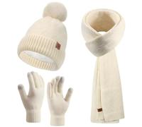 Enwokran Guanti Sciarpa Cappello Set Berretto Pom Beanie Lavorato a Maglia da Donna Guanto Touch Screen Sciarpa Lunga 3 in 1 Inverno Freddo Set Regalo per Donne Ragazze (Bianco)