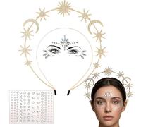 ENYACOS Cerchietto per capelli con sole luna e stelle dorate + Face Gems e pietre glitterate - Decorazione per capelli da donna - Accessorio per capelli celesti e tatuaggio per il viso per Carnevale