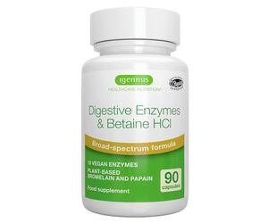 Enzimi Digestivi Completi ad Azione Rapida, Betaina H Bromelina, 10 Enzimi Vegani Tra Cui Papaina e Lipasi, Ingredienti Puliti, Integratore per la Salute dell’Intestino, 90 capsule - Igennus
