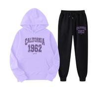 EODJXIO Set di pantaloni a due pezzi da donna con graziosa felpa cappuccio maniche lunghe stampa inglese (Purple, L)