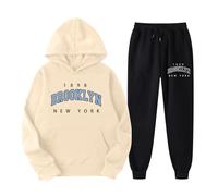 EODJXIO Set di pantaloni a due pezzi da donna con graziosa felpa cappuccio maniche lunghe stampa inglese (Beige, XL)