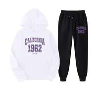 EODJXIO Set di pantaloni a due pezzi da donna con graziosa felpa cappuccio maniche lunghe stampa inglese (White, XL)