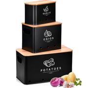 EOPUOZS Porta Patate Cucina, Set di 3 Contenitore per Patate, Cipolle e Aglio con Coperchio in Bambù e Fori di Ventilazione, Contenitori Salvaspazio Cucina Design Retrò Design Retrò (Nero)