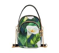 EOSDT Borsa a tracolla da donna con calle bianche e foglie verdi trapuntate per telefono cellulare borsa a catena con cerniera carina borsa da donna pochette da donna, 15 cm × 21,1 cm × 7,9 cm