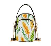 EOSDT Borsa a tracolla da donna con foglie verdi color grano, color oro, con motivo ad acquerello, trapuntata, borsa a tracolla per telefono, borsa a tracolla