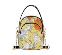EOSDT Borsa a tracolla da donna con stampa a tracolla e tracolla a catena, con fiori di peonia, arancione, bianco, giallo, trapuntato, borsa a tracolla