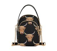 EOSDT Carino Highland Cow Heads Nero Spalla Borsa Donna Catena Cinghia Cellulare Borsa Floreale Stampa Cerniera Signora Bombetta Satchel, 15 cm × 21,1 cm × 7,9 cm