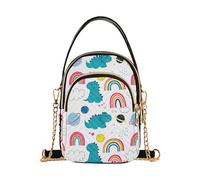 EOSDT Simpatici dinosauri arcobaleni borsa a tracolla bianca da donna borsa per telefono piccola borsa a catena con stampa floreale cerniera da donna pochette da donna, 15 cm × 21,1 cm × 7,9 cm