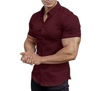 EOUOSS Camicia da Uomo a Maniche Corte, Elasticizzata, Aderente, a Maniche Corte, Casual, con Bottoni, Rosso Confettura, L