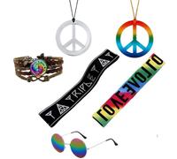 Eowppue Accessori Vestiti Anni 70 Set 6 Pezzi Stile Hippie con Occhiali Rotondi collane Simbolo Pace Bracciale e Fascia Capelli per Festa a Tema retrò e Carnevale Unisex