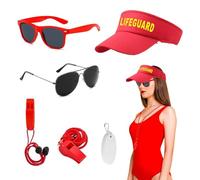 Eowppue Costume Baywatch - Il set definitivo per il look da soccorritore in spiaggia: cappello da sole rosso, occhiali, portachiavi con boa da nuoto, fischietto