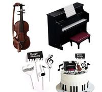 Eowppue Decorazioni Compleanno Tema Musicale, Piano e Violino, Decorazione Torta con Cappello, bandierine per Festa Tema Musica, 1 Piano, 1 Violino, 4 bandierine, plastica, per Party Compleanno