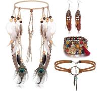 Eowppue Set di 4 Accessori Hippie Boho, Fascia per Capelli A Piume, Abbigliamento Anni '70 da Donna, Vintage Boho Hippie con Fascia per Capelli E Collana B
