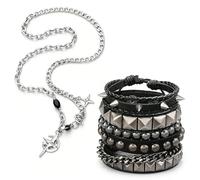 EOWVISN 4 braccialetti punk e 1 collana punk con stella, con ciondolo a stella, gioielli da polso da uomo in stile rock, abito abbinato personalizzato, misura regolabile.
