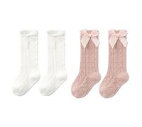 EOYVAIL Calzini per bambina,Calzini per neonati, calzini con fiocco per neonata, calzini al ginocchio per bambini, calzini con fiocco da donna (2 paia, bianco/rosa)